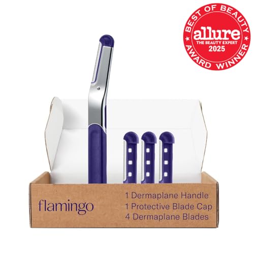 Flamingo Dermaplane Starter Set with Handle & 4 Refillable Razor Blades for Facial Hair & Exfoliation
