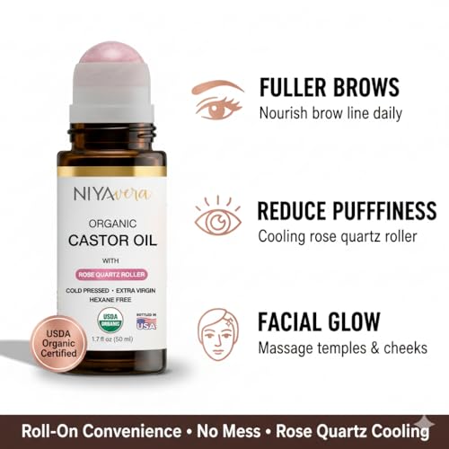Organic Castor Oil Roll-On with Rose Quartz - 1.7 oz Cold Pressed, Hexane-Free for Skin & Body