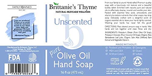 Brittanie's Thyme Organic Natural Hand Soap, 16 oz (Unscented) Moisturizing Castile Soap Made Olive Oil And Natural Luxurious Essential Oils. Vegan, Gluten & Cruelty Free,