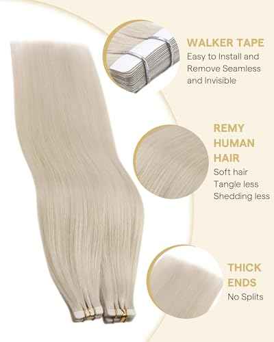 Ve Sunny Tape in Hair Extensions Real Human Hair Invisible Remy Human Hair Straight Tape Ins Double Sided White Blonde 24 inch 10Pcs 25G