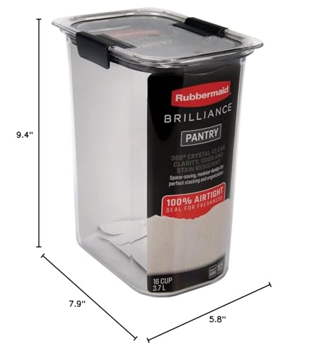 Rubbermaid Brilliance 16-Cup Airtight Food Storage Container with Lid, Clear/Grey - optimal for pantry organization, flour, sugar, and food storage