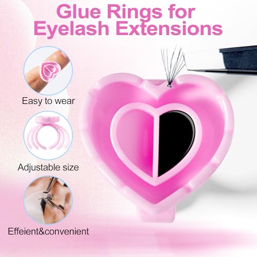 NXJ INFILILA Glue Rings for Eyelash Extensions 300PCS Disposable Rings for Lashes Lovely Heart Shape, Makeup Plastic Nail Art Lash Glue Holder Cups for Extension Supplies Pink