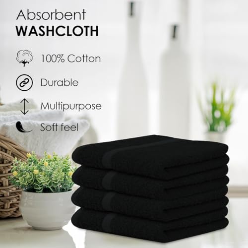 Avalon Towels Cotton Washcloths ? (Pack of 48) Size 12x12 Inches, 100% Ring Spun Cotton, Soft & Absorbent Face Towels, Gym Towels, Hotel and Spa Quality, Reusable Fingertip Towels (Black)