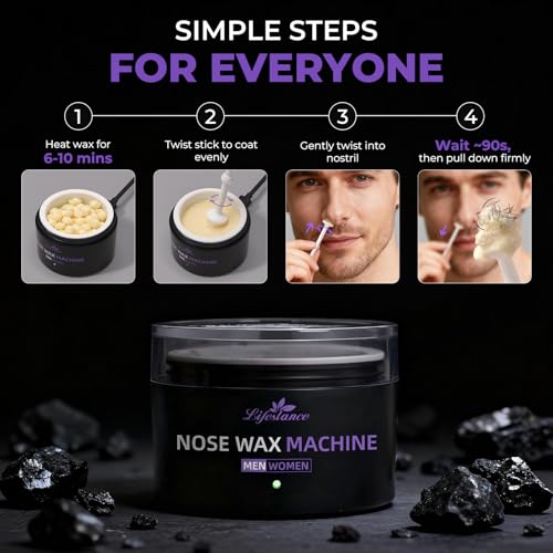 Lifestance Nose Wax Kit for Men & Women - 120g Nose Hair Wax Kit with USB C - Fast Heating, Smart Temp Control, 48 Sticks, Painless Ear Hair Removal, Compact, Travel-Ready, Multi-Accessories
