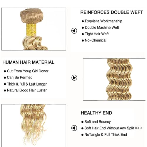 Fridnae 3 Bundles Deep Wave Ombre Human Hair, Honey Blonde Mix