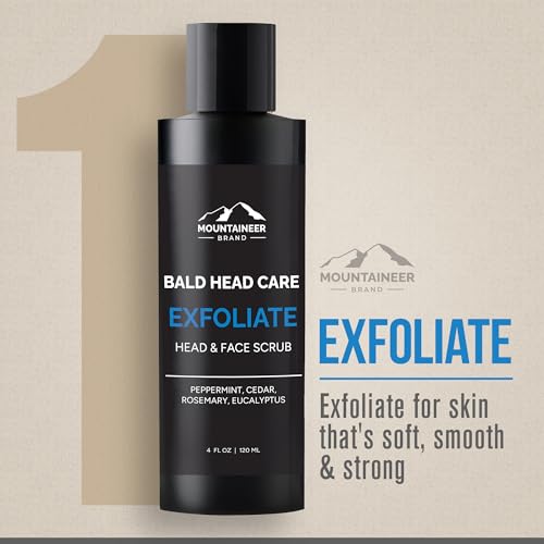 Mountaineer Brand Bald Head Care Gifts For Bald Men | All Natural 3 Step Daily Skin Care for Healthy Scalp & Face | Exfoliate Scrub | Cleanse Wash | Protect Moisturiser | Made in West Virginia