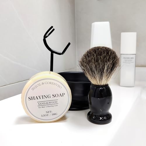 JEQUIL&CORENVEO Shaving Brush Set for Men, Pure Badger Hair Shaving Brush with Soap, Stand and Bowl