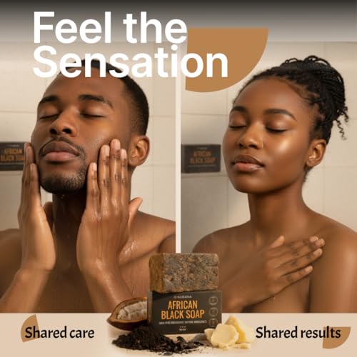 Nubiana Raw African Black Soap Bar 8oz - 100% Authentic from Ghana | Handmade Unrefined Shea Butter Soap with Cocoa Pod Ash | Deep Cleansing Face Wash Bar & Body Wash - No Added Scent