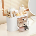 Makeup Organizer with Pop-Up Brush Holder for Dresser Vanity, Plastic Bathroom Counter Organizer with 3 Drawers & Dust-Proof Cover, Cosmetic Display Case for Lipstick, Skincare, White