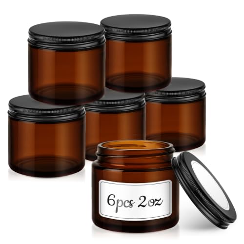 2 oz Amber Glass Jars with Black Lids, 6 Pack