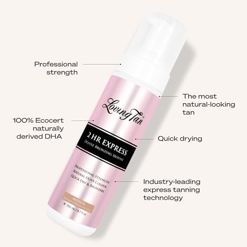 Loving Tan 2 HR Express Self Tanning Mousse, Medium - Streak Free, Natural, Professional Quality - 5+ Sunless Self Tanner Applications per Bottle, Cruelty Free, Naturally Derived DHA - 6.7 FL Oz