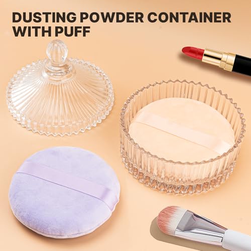 3 Pcs Extra Large Body Powder Puff and Container - 6 Inch Glass Dusting Powder Container with Puff, Body Powder Puff for Women Soft Washable Reusable Fluffy Makeup Wet Dry