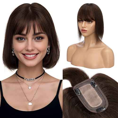 S-noilite Human Hair Toppers for Women with Bangs 100% Real Human Hairpiece 5"x3" Clip in Silk Base Topper Piece Cover Thinning Fine Hair 6 inch Chocolate Brown