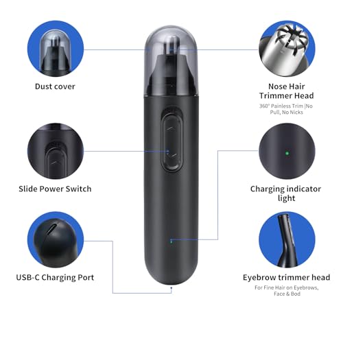 GERY Nose Hair Trimmer & Clipper, 2 in 1 Eyebrow Trimmer with Dual Replaceable Heads, USB Rechargeable, Dust Proof Cap, Low Noise, Easy Clean, Facial Cleansing & Skin Care Kit, for Men Women