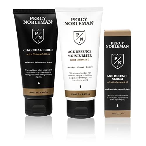 Percy Nobleman Age Defence Kit ? Men¡¯s Skincare Gift Set with Charcoal Face Scrub, Hydrating Facial Serum with Hyaluronic Acid & Vitamin C Moisturiser for Cleansing, Nourishment & Healthy Skin