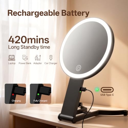 CC Mirrors 6-inch Travel Magnifying Makeup Mirror with Lights, 40X/1X, Black - Double Sided
