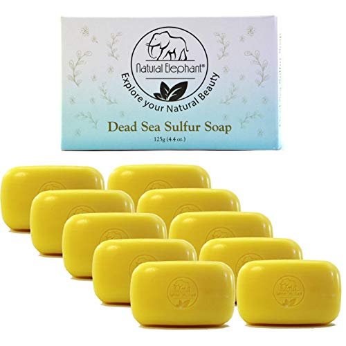 Natural Elephant Dead Sea Sulfur Soap 4.4 oz with Dead Sea Salt, Aloe Vera, Sulphur Face and Body Cleanser Bar for All Skin Types (10 Pack (44 oz Total))