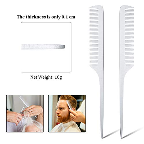 2 Pieces Metal Rat Tail Hair Styling Combs - Silver Fine Teasing Pintail Barber Combs for Cutting and Styling, Stainless Steel