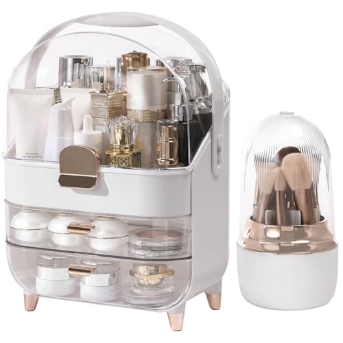 Large Capacity Makeup Organizer with Brush Holder & 2 Drawers - Rose Gold
