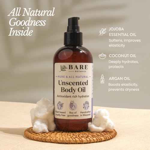 BARE BOTANICS 8 oz Moisturizing Unscented Body Oil - 100% Pure & Natural for Skin & Nails - Perfect for Moisturization - Vegan, Cruelty Free & Naturally Scented Hair Oil