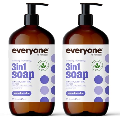 Bundle of Everyone 3-in-1 Soap, Body Wash, Bubble Bath, Shampoo, 32 Ounce (Pack of 2), Lavender and Aloe+ Everyone Nourishing Hand and Body Lotion, 32 Ounce (Pack of 2), Lavender and Aloe