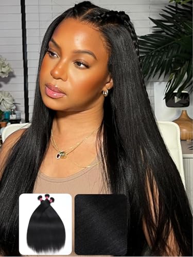 KLAIYI Yaki Straight Human Hair Bundles - 3pcs, 16-20 Inch