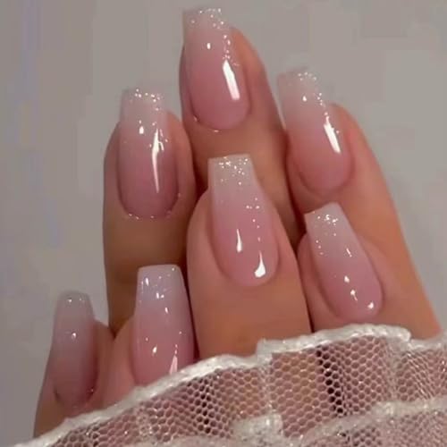 Hkanlre Bling Coffin Press On Nails - Fake Full Cover Gradient Nails for Women & Girls, 24PCS