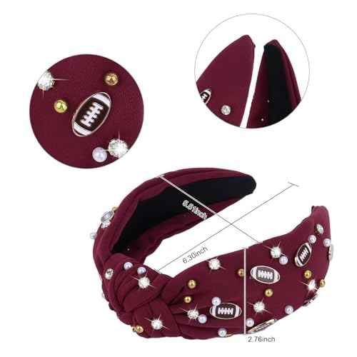 YARIEW Football Headband for Women Pearl Rhinestone Jeweled Knotted Headband Fashion Headband Wide Game Day Sports Hair Accessories Gift for Football Mom Fans Christmas (Burgundy)