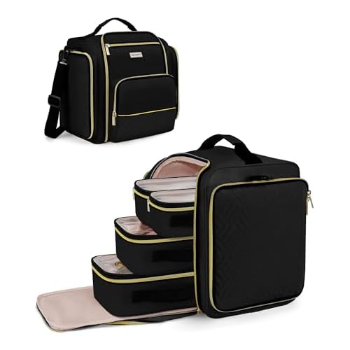 Large Travel Makeup Bag - Cosmetic Organizer with 4 Removable Inner Pockets, Multi-functional Toiletry Bag for Accessories & Brushes, Women's Beauty Case, Black