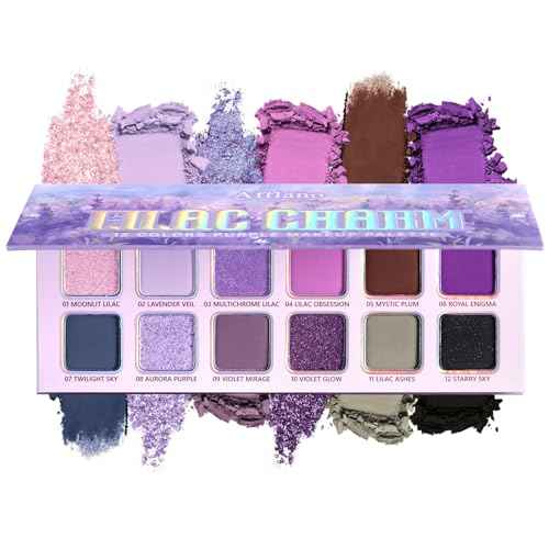 Purple Eyeshadow Palette, 12 Shades Lavender Purple Glitter EyeMakeup Pallet Smokey Neutral Silky Blendable Cream Eye Shadow for Older Women MatteMatellic Pink Compact for Cosplay Halloween Witch Look