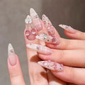 Mivota Almond Press-On Nails Set - Pink Cherry 3D Design, 24pcs
