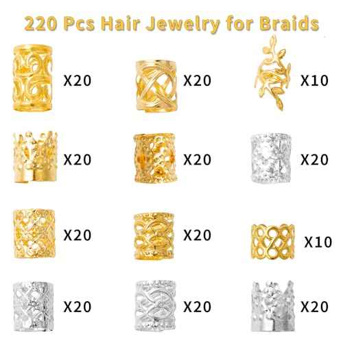 220 Pcs Gold Hair Jewelry for Braids, 12 Styles Gold and Silver Hair Accessories Cuff for Braids and Dreadlocks, Adjustable Metal Rings Cuffs Clips for Dreadlock Accessory Jewelry Decorations