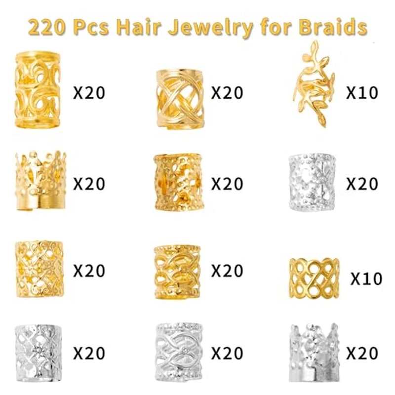 220 Pcs Gold & Silver Hair Cuffs - 12 Styles Braid Jewelry Set