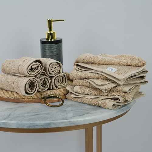 Tens Towels Pack of 12 Washcloths, 12 x 12 Inches, Lighter Weight, Quick to Dry, Super Soft & Absorbent, Gentle Face Towels, Hotel Quality, Perfect for Bathroom, Gym, Spa (Beige, 12 Pack)