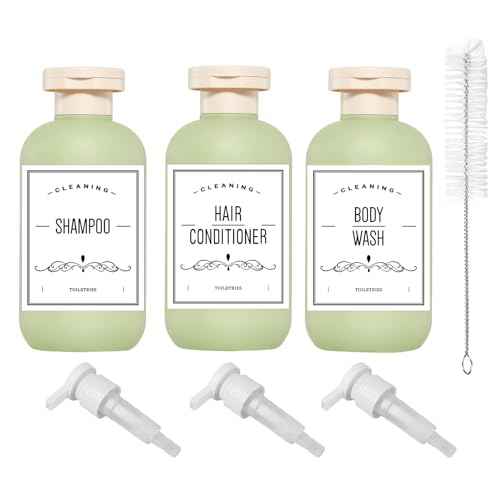Qeuly Squeeze Bottles with Pump Dispenser and Flip Cap, 6.8 oz Refillable Travel Containers for Toiletries, Plastic Travel Shampoo and Conditioner Bottles (Green 200)
