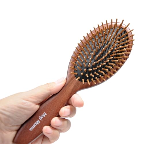 Maji Mama Handmade Wooden Cushion Hair Brush for Women Men Hairbrush with Bamboo Pins Massage Scalp & Detangling for Curly Thick Long Fine Dry Wet Hair (Oval Shape)