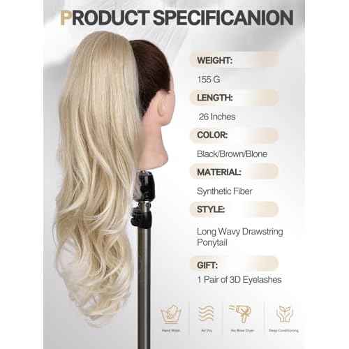 WIGER Ombre Blonde Ponytail Extension 26 Inch Drawstring Ponytail Extension for Women Long Wavy Layered Pony Tails Hair Extensions for Girls Daily Use