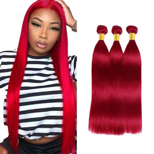 Red Human Hair Bundles 30-34 Inch Straight Virgin Hair Extensions 8A Grade Burgundy