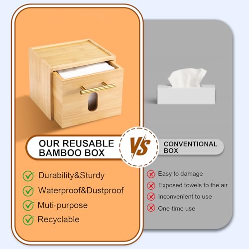 BSSN Bamboo Disposable Face Towel Holder Storage Drawer - Variation A, Includes 60 Towels & Cotton Holders