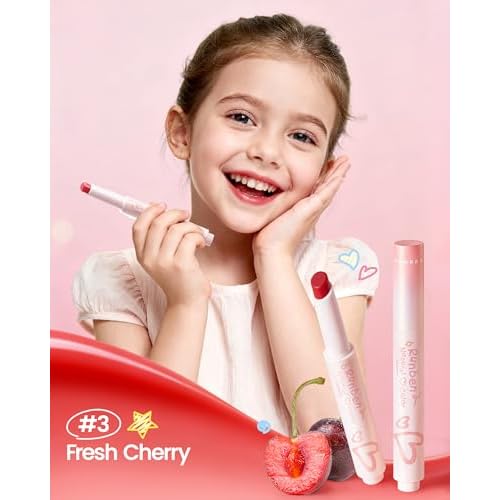 RUNBEN Kids Tinted Lip Balm, Fresh Cherry Lips Gloss, 24H Moisturizing, Safe & Non-toxic Lipstick for Kids & Teen, Birthday Makeup Gift for Girls, 2g