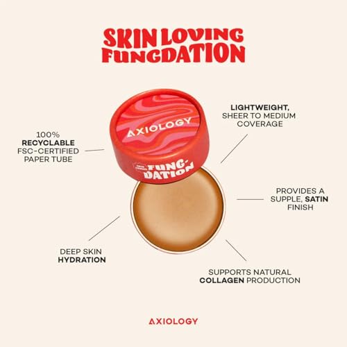 Axiology Fungdation Mushroom Foundation Face Makeup Creamy Wrinkle Defying Minimize Fine Lines Infused with Reishi Deep Hydration Natural Youthful Look Light to Medium Coverage 11.3g (Shade 1)