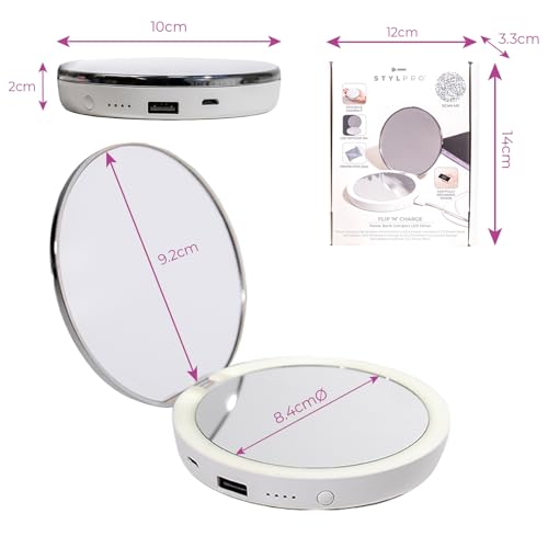 stylPro Flip N Charge Power Bank Compact Mirror with LED Light - Handheld Pocket Magnifying Mirror Travel Makeup & Hair Styling - 2 in 1 USB Charger - Mini Portable Mirror for Purse - 1 Piece