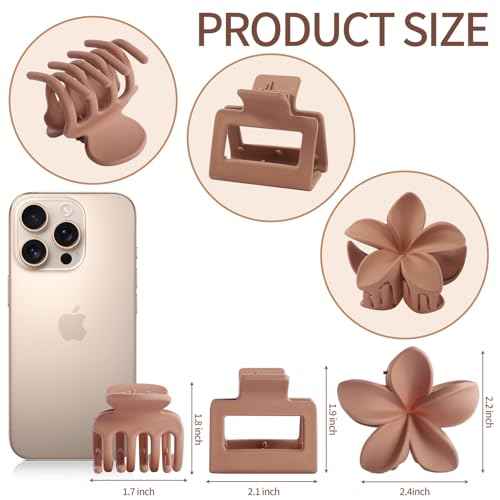 3 Styles Medium Hair Clips for Women 9 Pcs Small Claw Clips for Thin Hair Flower Hair Clips for Thick Hair Square Hair Claw Clips for Girls Hawaiian Plumeria Hair Accessories for Women (Brown)