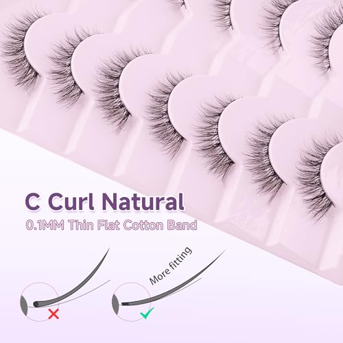 Natural Cat Eye Lashes False Eyelashes Natural 12mm Wispy Eyelashes with Thin Band 3D Volume False Lashes Soft Eye Lashes Pack C Curl Natural Eyelashes Fake Lashes 7 Pair EVENTILL