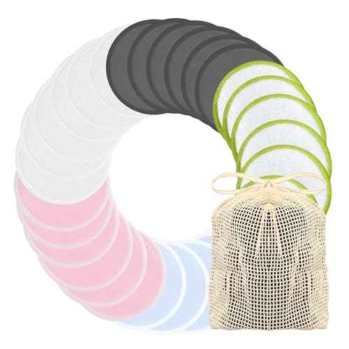 Chloven Reusable Cotton Rounds - 30 Pack Washable Bamboo Makeup Remover Pads for Gentle Cleansing Reusable Face Pads for Skincare & Nail Polish Removal with Mesh Storage Bag