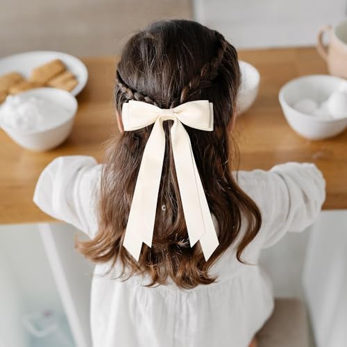 2PCS Silky Satin Hair Bows Ribbon Hair Clips, Fall Alligator Hair Pins, Ponytail Holder Accessories Sides Metal Hair Bow Barrettes Hair Accessories for Women Girls Kids (Pink+Beige)