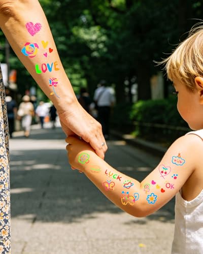 Glow in the Dark Temporary Tattoos, 8 Sheets 120+ Neon Designs