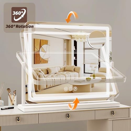 Vanity Mirror with Lights, 24"x20" Hollywood Lighted Makeup Mirror for Tabletop & Bedroom 3 Color Lighting Modes Smart Touch Control 360¡Æ Rotation Detachable