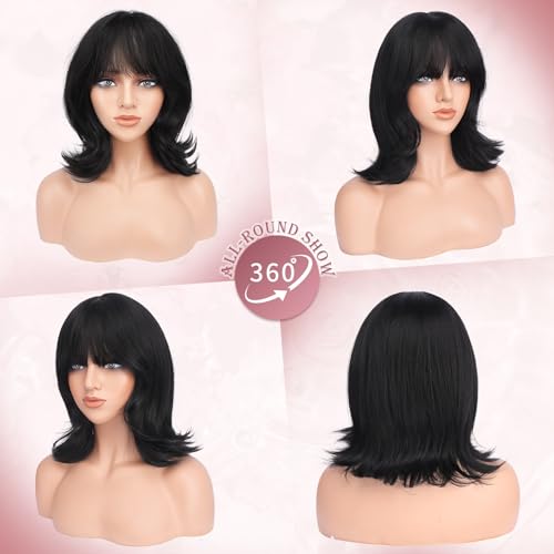 Black Short Bob Wig with Bangs 14 Inch Shoulder Length