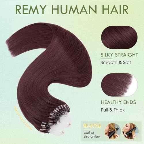 Hairro Microlinks Hair Extensions Human Hair Micro Loop Hairpieces Easy Pre Bonded Cold Fusion Keratin Stick Micro Bead Hair Extension For Women 16 inch 50g 100 Strands #99J Wine Red